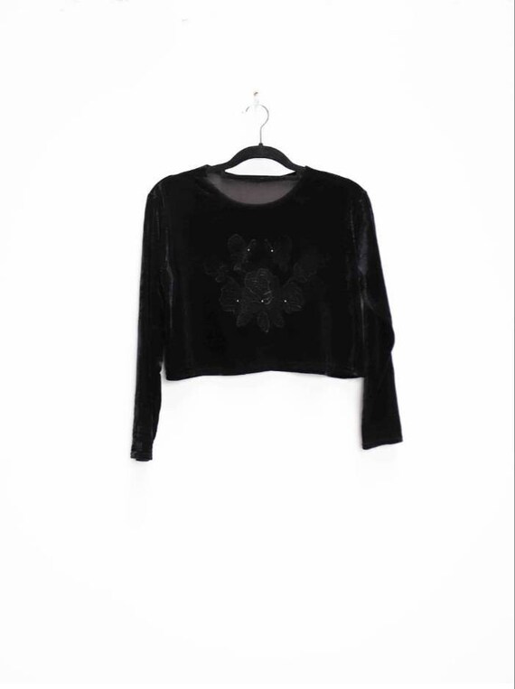 Black Velvet Crop Top Vintage Floral Velvet Crop T
