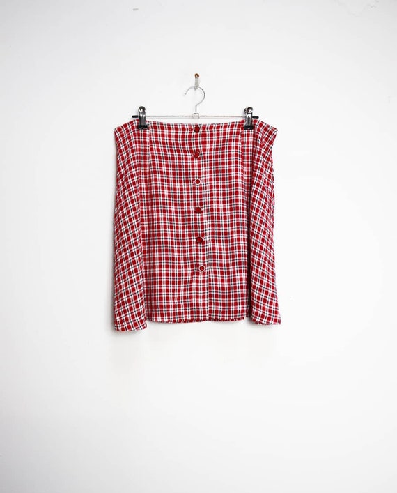 Red Checkered Mini Skirt Vintage Button Down Skirt