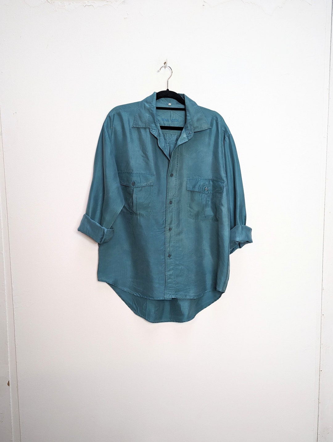 Turquoise Silk Shirt Vintage Silk Shirt Blue Silk Button Down Shirt