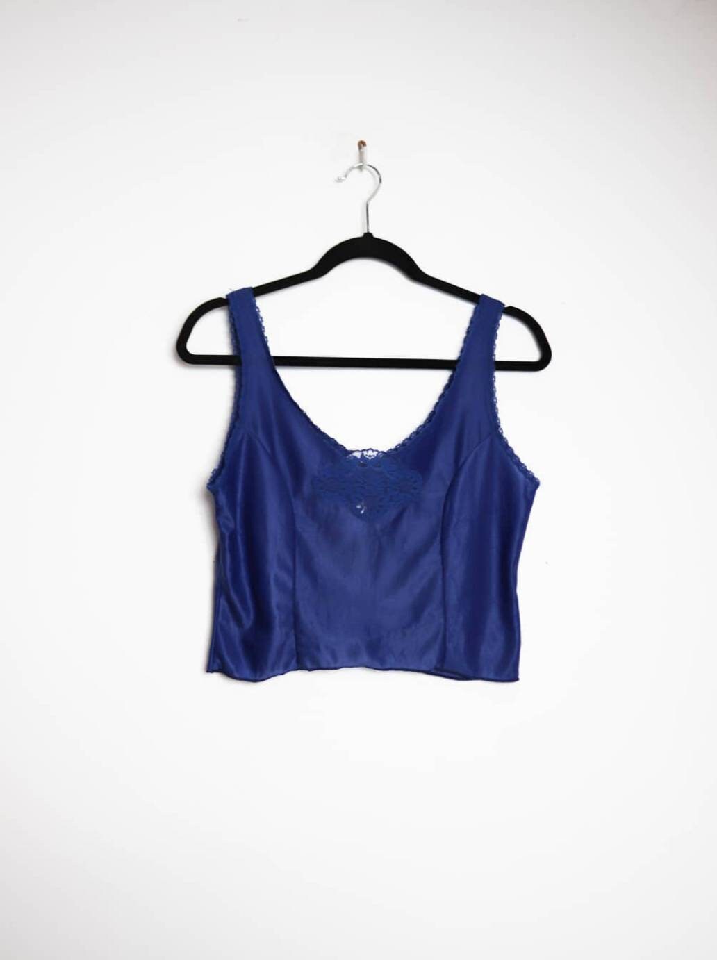 Image of Blue Lace Crop Top Vintage Cropped Cami Sheer Medium Lacy Camisole M
