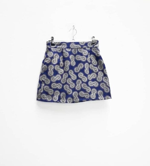 Blue Patterned Mini Skirt Vintage Navy Patterned … - image 1