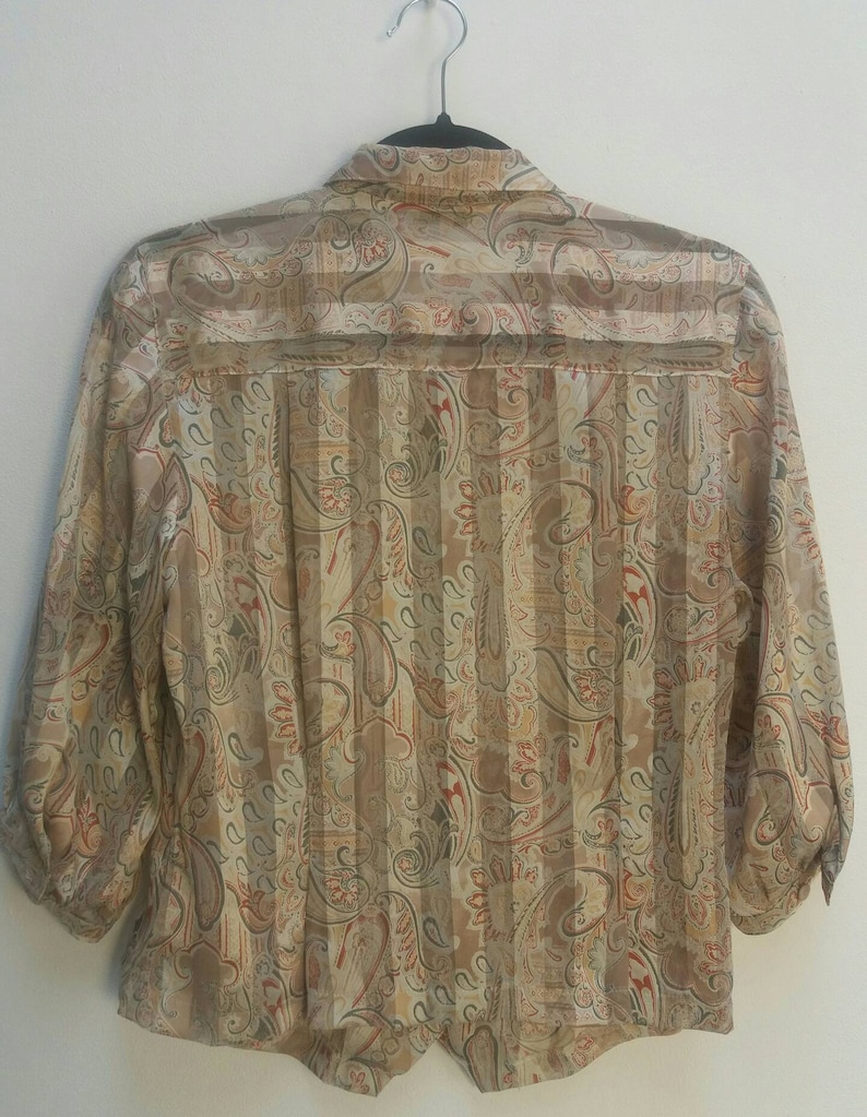 Paisley Blouse Sheer Vintage See Through Top Stripe Shirt Women/'s Vintage Paisley Top Sheer Blouse Striped Pattern Button Up Paisley Blouse