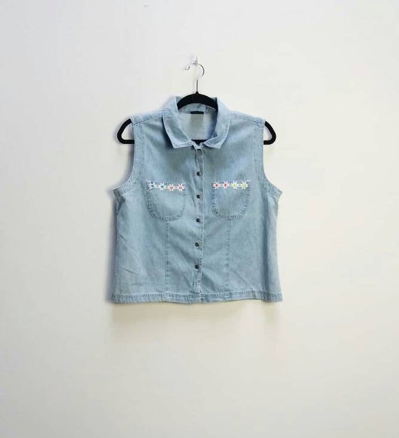 Embroidered Denim Shirt Vintage Daisy Embroidery … - image 1