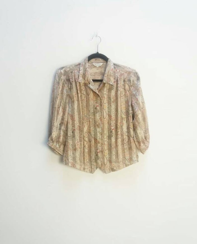Paisley Blouse Sheer Vintage See Through Top Stripe Shirt Women/'s Vintage Paisley Top Sheer Blouse Striped Pattern Button Up Paisley Blouse