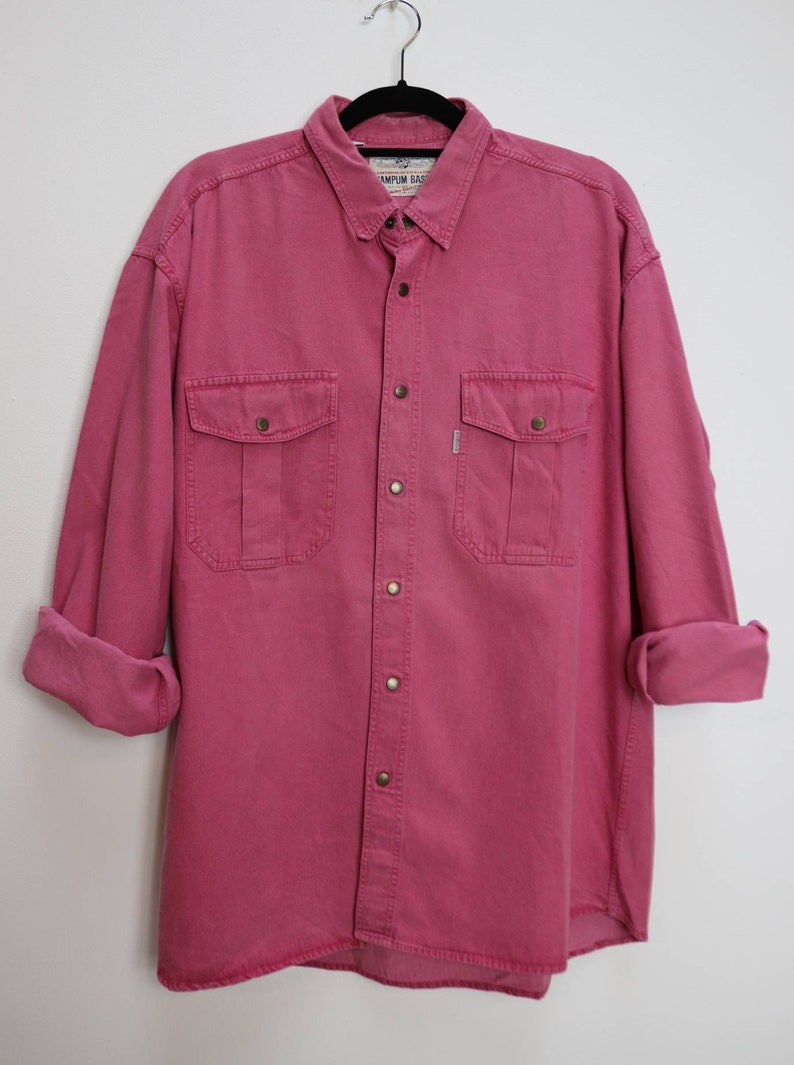 Pink Denim Shirt Vintage Bright Pink Chambray Shirt Oversize Denim Shirt Pink Chambray Button Down Shirt Vintage XXL Denim Button Up Shirt