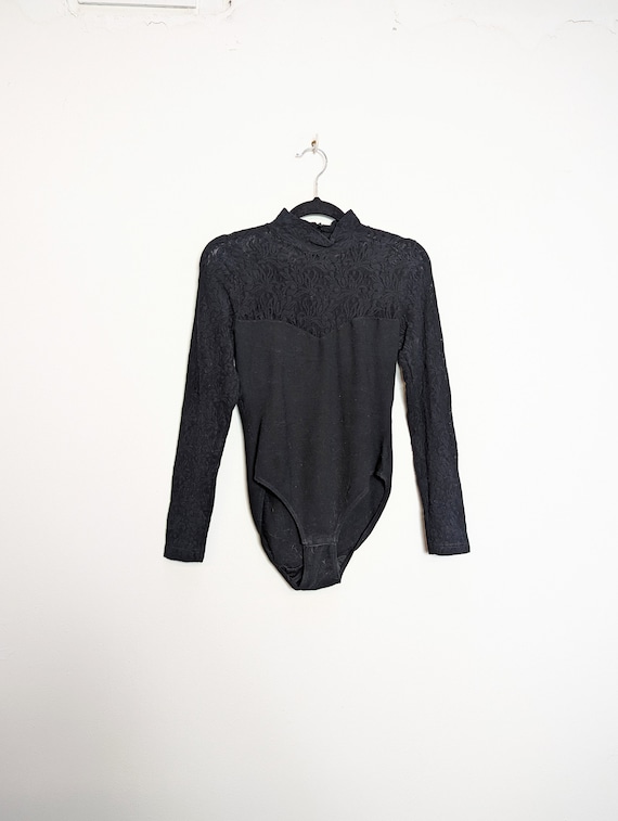 Black Bodysuit Vintage Bodysuit Lacy Bodysuit Sma… - image 1