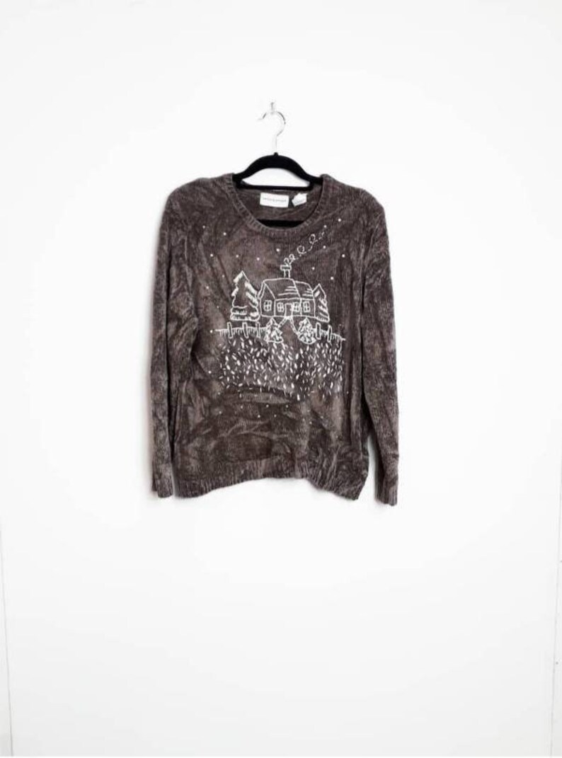 Embroidered Chenille Jumper Vintage Brown Chenille Sweater Vintage Oversize Knit Jumper House Scene Embroidered Sweater Brown Chenille Knit