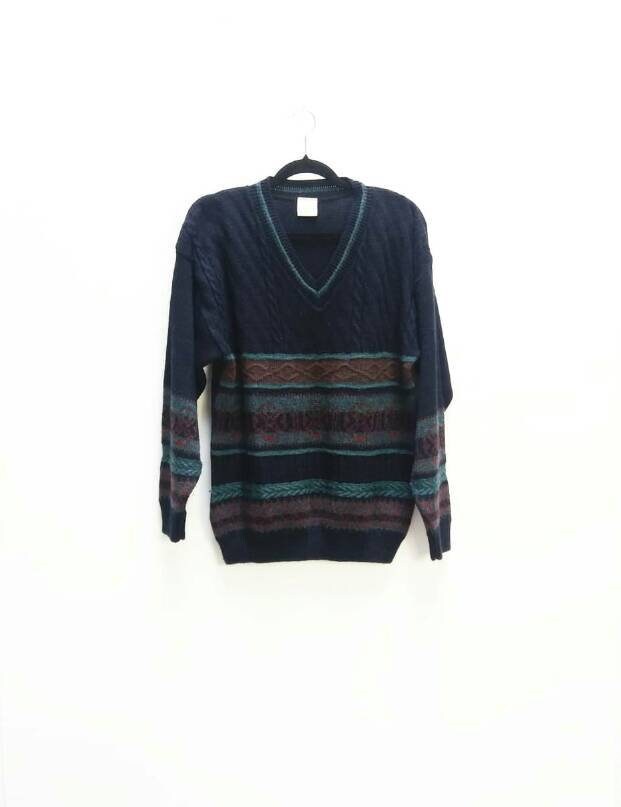Image of Navy Patterned Jumper Vintage Wool Knit Sweater Oversize V-Neck Blue Medium