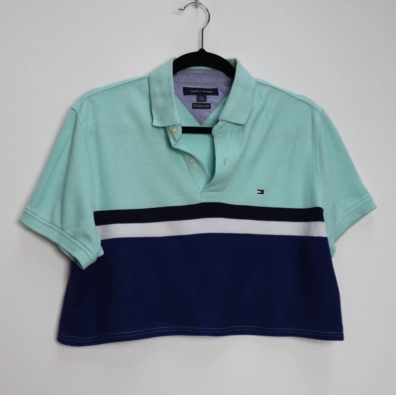 Tommy Hilfiger Crop Top Vintage Cropped Polo Top Blue Stripe Crop Top Stripe Tommy Hilfiger Cropped Polo Top Vintage Striped Crop Top Large