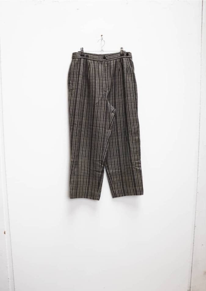 Image of Check Trousers Vintage Cropped Women's Medium Grey Checkered Pants Black M