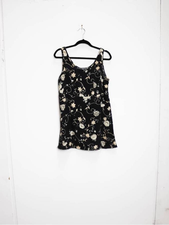 Image of Black Floral Dress Vintage Mini Medium Women's Mini-Dress Pattern M