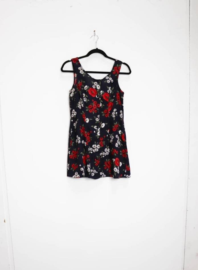 Image of Black Floral Dress Vintage Button Down Small Button-Down Print Mini-Dress Front