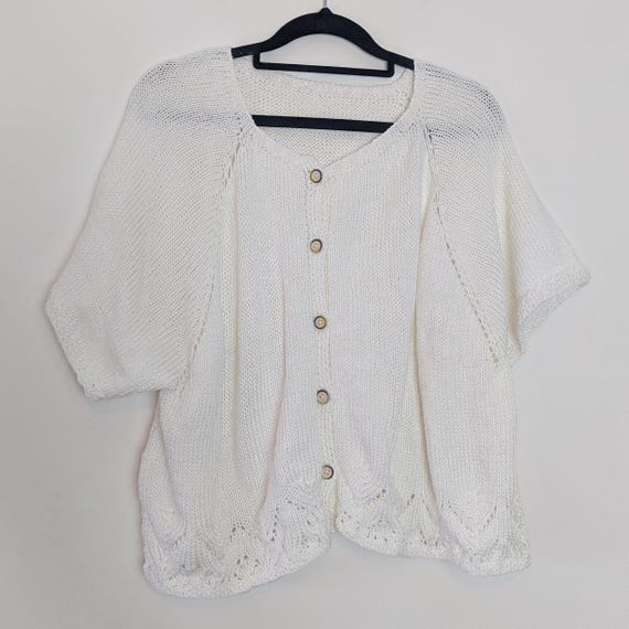 White Cardigan Vintage Cardigan Large Short Sleeve Cardigan White Knit Cardigan White Sweater Large Women's Cardigan Vintage Knit Sweater L