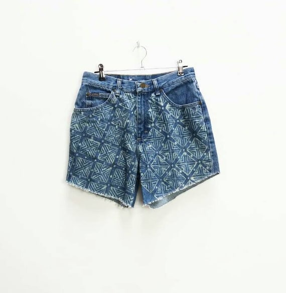 patterned denim shorts