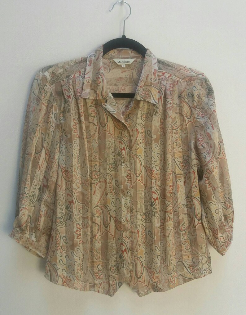 Paisley Blouse Sheer Vintage See Through Top Stripe Shirt Women/'s Vintage Paisley Top Sheer Blouse Striped Pattern Button Up Paisley Blouse