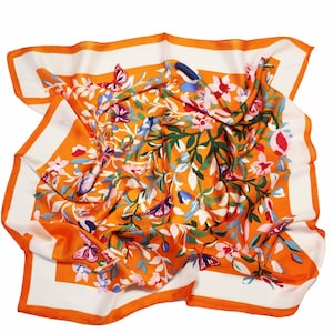 floral silk scarf - Orange bandana - silk blend square scarves - Neckerchief / Bag Scarf / Head Scarf / Turban Scarf / Head Wrap - O284001