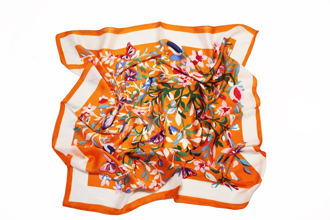 Floral Silk Scarf Orange Bandana Silk Blend Square Scarves Neckerchief
