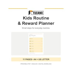 Op de afbeelding: Een digitale Kids Routine & Reward Planner van Tucano Business Tools. Het document bevat een My morning routine checklist met iconen voor taken zoals wakker worden en tandenpoetsen. Bevat 11 pagina's in A4 en US Letter formaat als PDF.