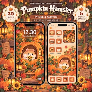 Może przedstawiać: Cyfrowy pakiet motywów na telefon o nazwie Pumpkin Hamster zawierający 20 ikon, 6 widżetów i 4 tapety. Ekran przedstawia chomika wewnątrz dyni w otoczeniu jesiennych liści, słoneczników i latarni w odcieniach pomarańczu.