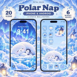 May include: A digital phone theme pack titled Polar Nap by Petal Muse, featuring 20 icons, 6 widget images, and 4 static wallpapers. The display shows two smartphones with a light blue arctic scene, a sleeping seal, a penguin, and glowing lanterns.