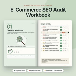Könnte beinhalten: Ein E-Commerce SEO-Audit-Arbeitsbuch als interaktives Flipbook und ausfüllbares PDF. Die aufgeschlagenen Seiten zeigen Kapitel 01 zu Crawling & Indexierung, inklusive einer Checkliste, einem Lupensymbol und einer 9/10-Bewertung.