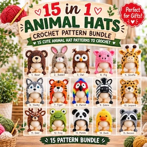 Pode incluir: Um conjunto de 15 padrões de crochê para gorros de animais, incluindo 15 designs distintos como urso, coelho, coruja, porco, girafa, husky, tigre, papagaio, zebra, leopardo, veado, sapo, panda, pato e guaxinim em suportes de exibição.