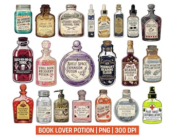 Bookish Witch Potion PNG Bundle, Dark Romance Reader Potion Labels, Retro Vintage Gothic Halloween Clipart, Book Lover Booktok Stickers