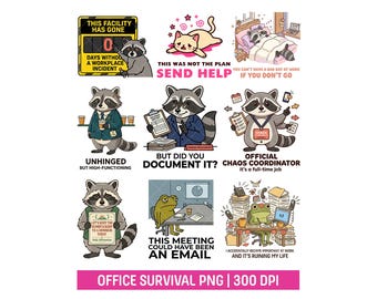 Funny Office Survival PNG Design Workplace Humor Chaos Animal Raccoon Frog Cat Digital Clipart Bundle for T-Shirt Decal Sticker