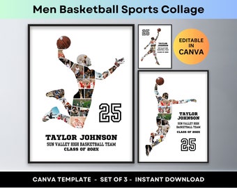 Men Basketball Photo Collage Sport Player Athlete Senior Night Banquet Graduation Gift Coach Picture Collage Printable Poster Canva Template