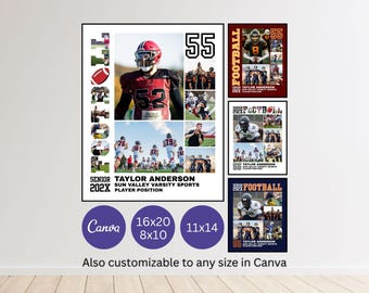 May include: A collage of football-themed posters featuring player photos, team images, and the text "FOOTBALL". The posters include the text "SENIOR 202X TAYLOR ANDERSON SUN VALLEY VARSITY SPORTS PLAYER POSITION". Customizable sizes are available.