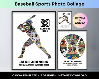Baseball Photo Collage Sports Player Athlete Senior Night Son Graduation Gift Coach Picture Collage Custom Printable Poster Canva Template