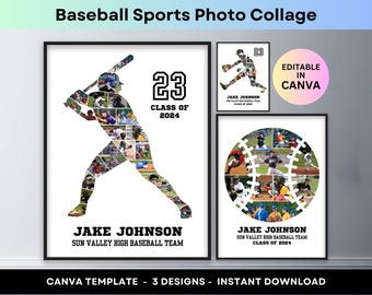 Collage di foto di baseball, giocatore sportivo, atleta, serata per anziani, regalo di laurea per figlio, allenatore, collage di immagini, poster stampabile personalizzato, modello Canva