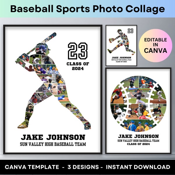 Baseball Photo Collage Sports Player Athlete Senior Night Son Graduation Gift Coach Picture Collage Custom Printable Poster Canva Template