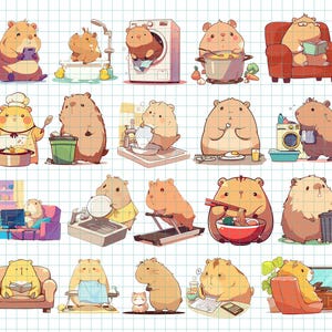 May include: A collection of 16 cartoon illustrations featuring a hamster doing various activities, including cooking, cleaning, reading, and relaxing. The illustrations are in a colorful cartoon style and are perfect for use in a variety of projects.
