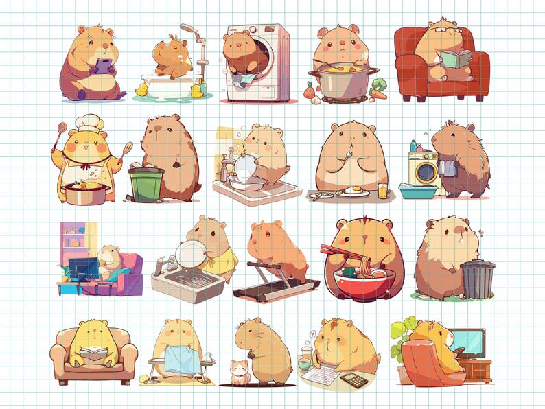 May include: A collection of 16 cartoon illustrations featuring a hamster doing various activities, including cooking, cleaning, reading, and relaxing. The illustrations are in a colorful cartoon style and are perfect for use in a variety of projects.