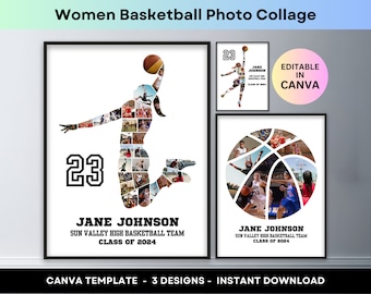 Women Basketball Photo Collage Sport Player Girl Athlete Senior Night Graduation Gift Coach Picture Collage Printable Poster Canva Template