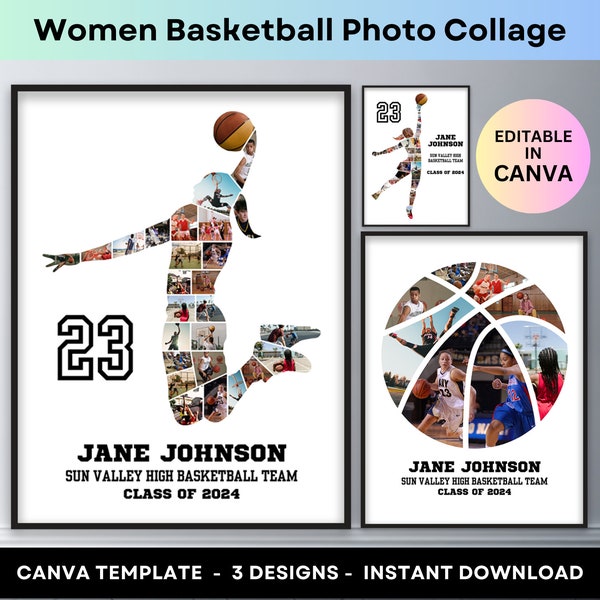Women Basketball Photo Collage Sport Player Girl Athlete Senior Night Graduation Gift Coach Picture Collage Printable Poster Canva Template
