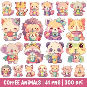 Cute Animal and Coffee Clipart PNG Bundle Kawaii Coffee Lover Cartoon Animals Watercolor Illustration Funny Digital Sticker Cat Dog Sloth