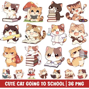 Cute Cat Back to School PNG Clipart Kawaii Cat Reading Book Lover Printable Stickers Sublimation Image Commercial Use Cartoon for Kids