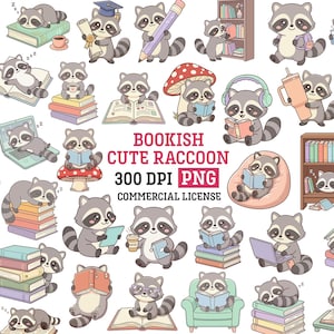 Puede incluir: Ilustraciones de mapaches de dibujos animados leyendo libros, usando computadoras portátiles y con varios accesorios. La imagen incluye el texto "Bookish Cute Raccoon 300 DPI PNG Commercial License."