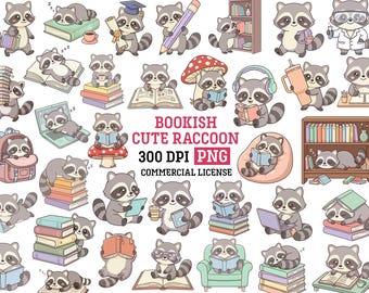 Bokälskare tvättbjörn png kawaii djurläsning clipart tillbaka till skolan lärare digitalt klistermärke