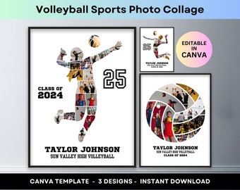 Puede incluir: Una plantilla de collage digital para Canva con tres diseños de una silueta de jugadora de voleibol, un balón de voleibol y una jugadora de voleibol saltando. La plantilla es editable e incluye el texto "Clase de 2024", "Taylor Johnson" y "Sun Valley High Volleyball".