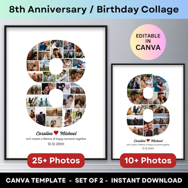 8th Anniversary Number 8 Photo Collage 8th Birthday Gift Personalized Anniversary Gifts for Husband Wife Boyfriend Girlfriend Canva Template