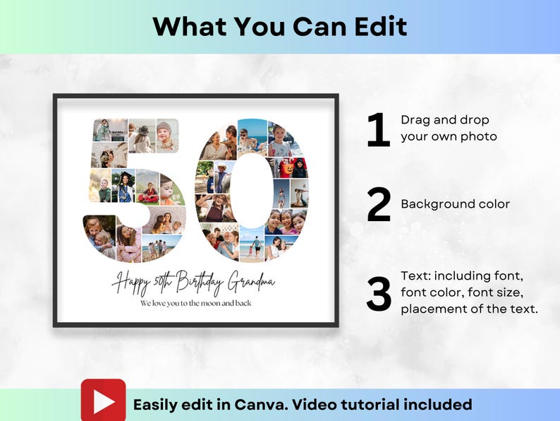 50th Birthday Number 50 Photo Collage Printable Canva Frame Template ...