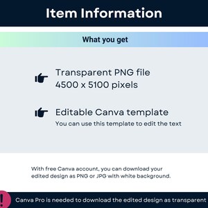 May include: A digital product information graphic with the title "Item Information." The graphic lists a transparent PNG file (4500 x 5100 pixels) and an editable Canva template. Text states that a Canva Pro account is needed for transparent PNG downloads.