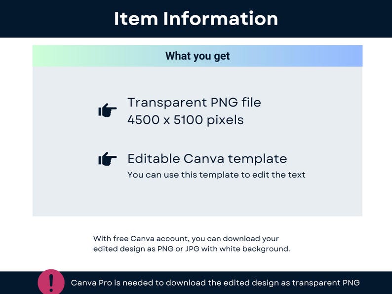May include: A digital product information graphic with the title "Item Information." The graphic lists a transparent PNG file (4500 x 5100 pixels) and an editable Canva template. Text states that a Canva Pro account is needed for transparent PNG downloads.