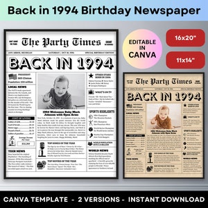Zurück im Jahr 1994 druckbares Poster 30. Geburtstag Zeitung bearbeitbare Party Willkommensschild Fun Facts Trivia Canva Template Jubiläumsgeschenk