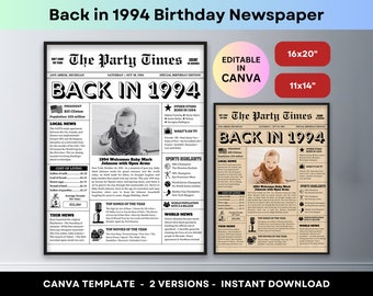 Back in 1994 Printable Poster 30th Birthday Newspaper Editable Party Welcome Sign Board Fun Facts Trivia Canva Template Anniversary Gift