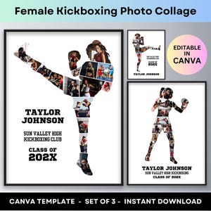 女性キックボクシングフォトコラージュ パーソナライズされた女の子ボクシングシニアナイトギフト 女性キックボクサー ボクサー 格闘技 トレーナー ファイター ポスター