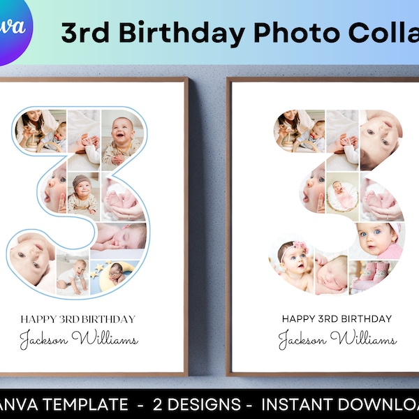 Cute 3rd Birthday Photo Collage Number 3 Canva Template Printable Collage Poster Nursery Wall Art Personalized 3rd Wedding Anniversary Gifts